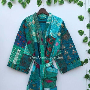 Kantha Cotton Long Kimono Jacket Unisex Robe, Handmade Patchwork Kantha Sustainable Boho Loungewear Kantha Robe, Dressing Gown