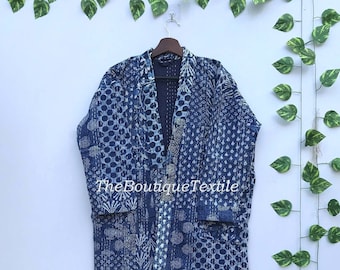 Indigo Patchwork Kantha Kimono Robe: Hand Block Print Cotton Jacket