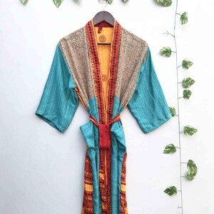 Patchwork Silk Blend Kimono Duster, Open Front Bohemian Cardigan, Boho Style Kimono Patchwork Summer Long Robe, Resort Wear MK 129