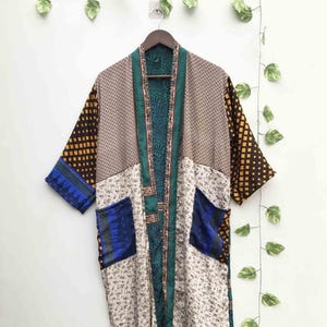 Patchwork Silk Kimono Robe, Vintage Silk Sari Kimono, House Coat Duster, Lightweight Morning Gown, Recycled Silk Robe MK 91