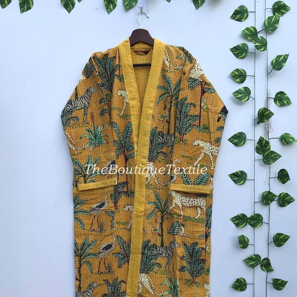 Cotton Kantha Kimono, Animal Print Handmade Kantha Quilt Jacket, Winter Wear Dress Jacket Long Coat, Bath Robe, Beach Cover Dress