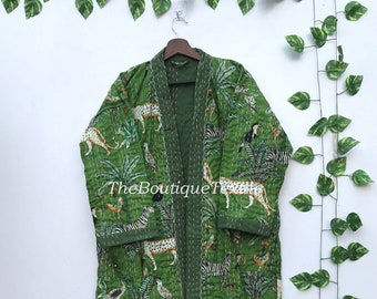 Hand Block Print Cotton Kantha Kimono Robe: Quilted Jacket