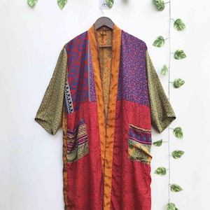 Silk Patchwork Kimono Robe, Vintage Bohemian Silk Dressing Gown, Bohemian Kimono Bath Robe, Bridesmaid Robe MK 59