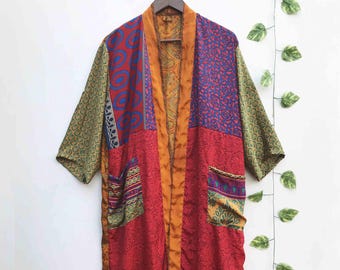 Silk Patchwork Kimono Robe, Vintage Bohemian Silk Dressing Gown, Bohemian Kimono Bath Robe, Bridesmaid Robe MK 59
