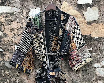 Silk Kantha Kimono Robe: Patchwork Quilted Unisex Dressing Gown