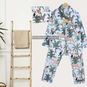 Jungle Print Cotton Pajama Set, Night Suit Wear, Women Cotton Pyjama Set, Comfortable Fit Pure Cotton Pj Set, Luxury Pajama Set
