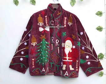 Chaqueta Suzani de terciopelo bordada, abrigo indio hecho a mano