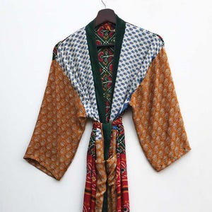 Vintage Silk Long Kimono, Belted Longwear Robe, Bohemian Cardigan Robe, Patchwork Silk Kimono Robe, Bohemian Dressing Gown