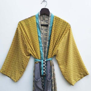 Boho Patchwork Kimono Silk Bland Duster Robe, Beach Cover Up Colorful, Dressing Gown, Resort Robe, Hotel Robe, Boho Style MK 45