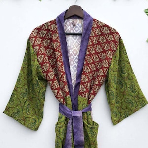 Silk Patchwork Kimono Robe, Bohemian Robe, Morning Gown, Colorful Boho Robe, Light Beach Cover Up,  House Coat Bath Robe