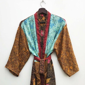 Upcycled Silk Saree Kimono Bathrobe, Silk Patchwork Robe, Bohemian Robe, Colorful Boho Robe, Light Beach Cover Up, Long Dressing Gown