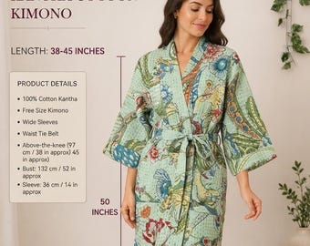 Handmade Kantha Cotton Kimono Robe: Block Print Quilted Jacket