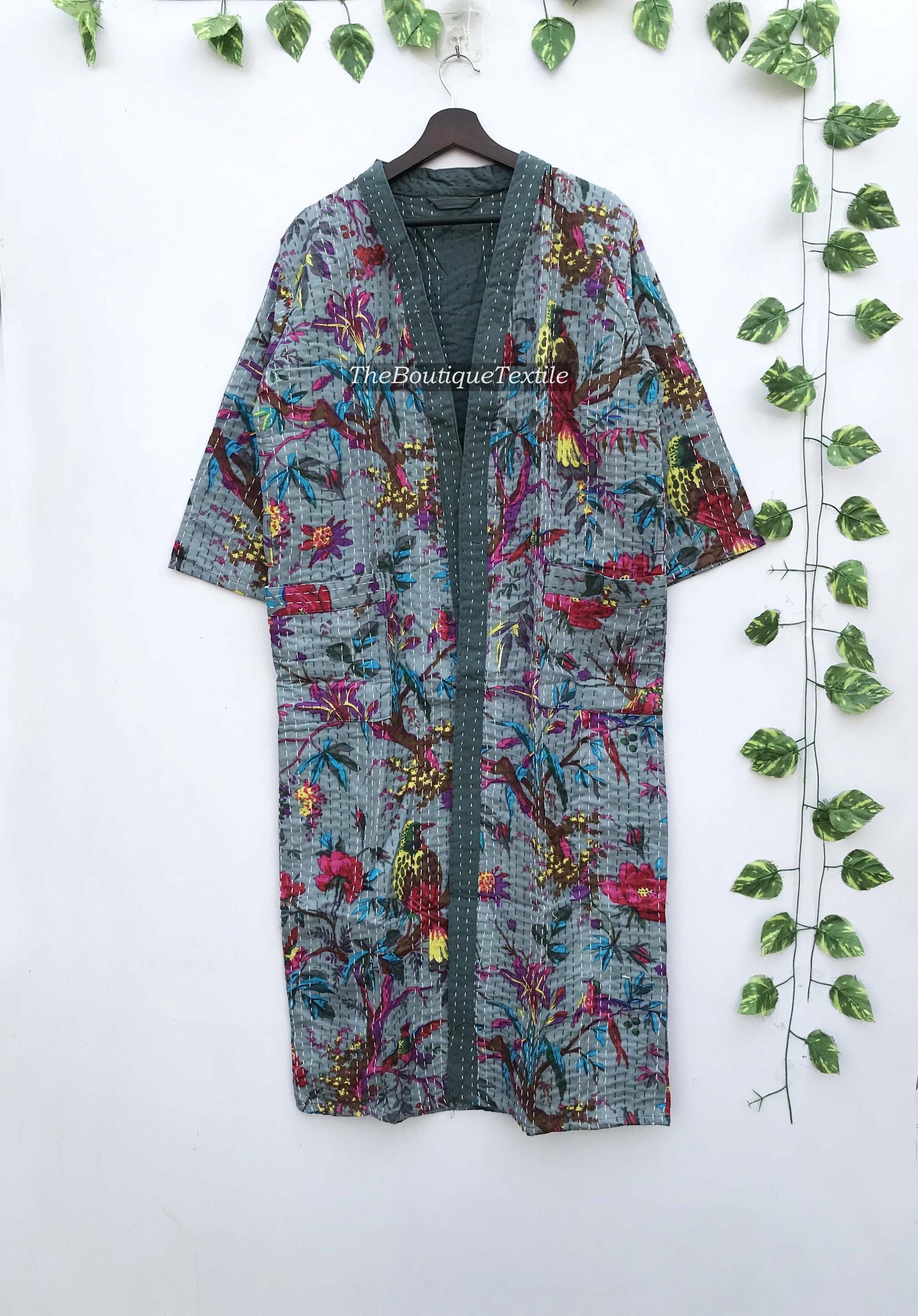 花柄コットンカンタ着物ローブ：ハンドブロックプリントジャケット