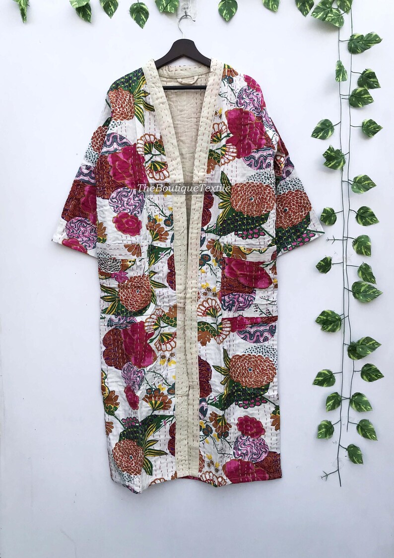 Cotton Kantha Kimono Bath Robe 100% Cotton Indian Kantha Stitch Fruit Print Robe, Long Jacket Unisex Robe, Handmade Indian Cotton Kimono image 3
