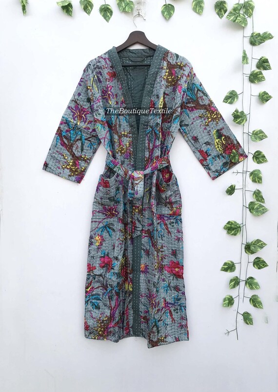 花柄コットンカンタ着物ローブ：ハンドブロックプリントジャケット