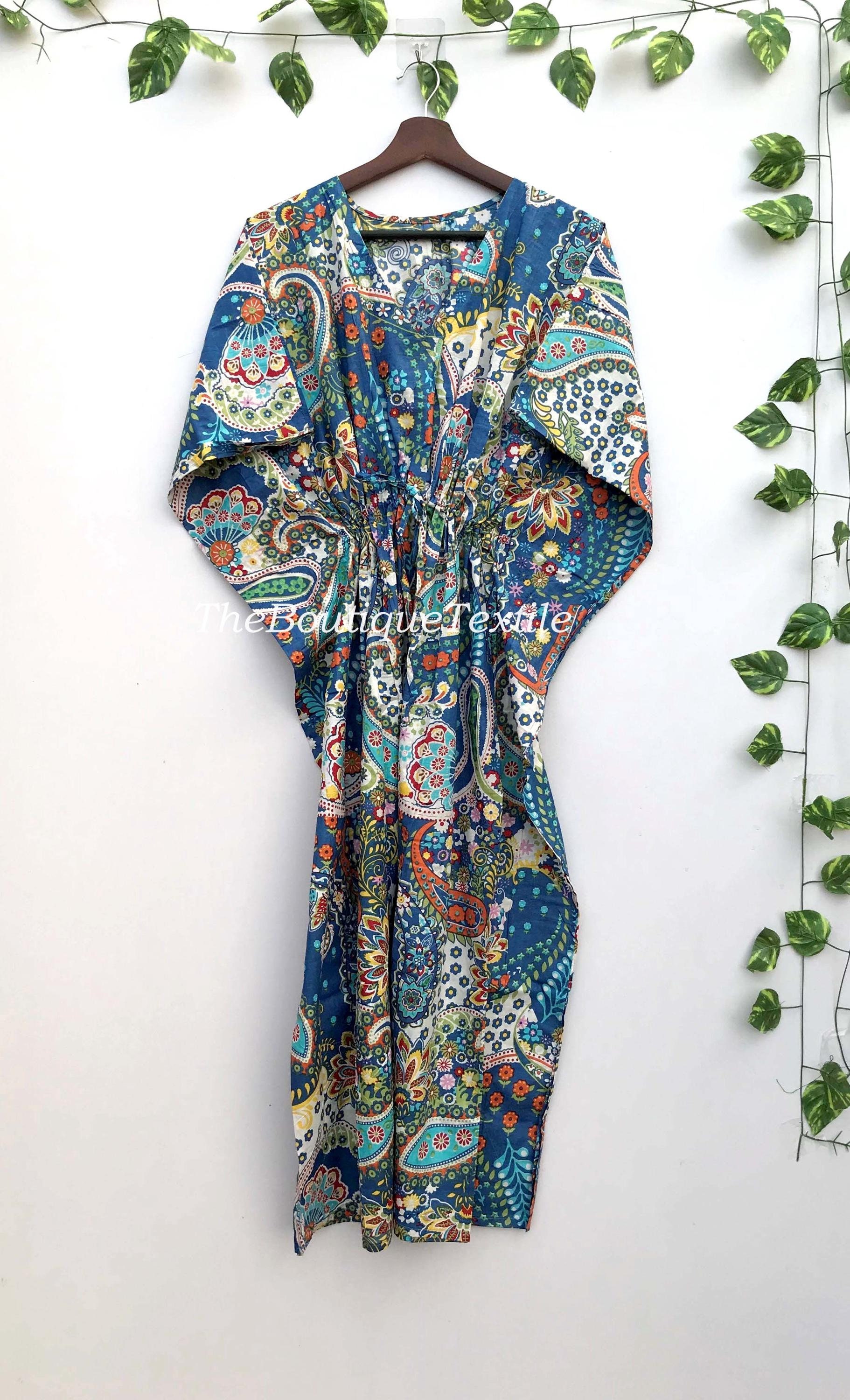 Handmade Floral Printed Cotton Kaftan Dress: Boho Beach Robe