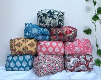Wholesale Lot, Cotton Floral Hand Block Printed Bags, Handmade Quilted Toiletry Bag 100% Cotton Quilted Bags, Makeup Bag For Women
