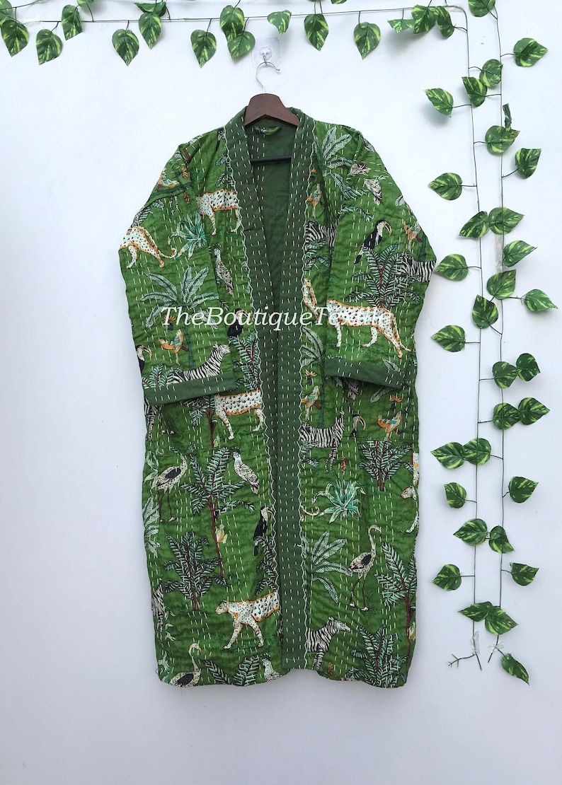 long cotton robe, 
indian cotton jacket, bridesmaid robe, house robe, indian kantha jacket, indian kantha coat, lounge and sleepwear