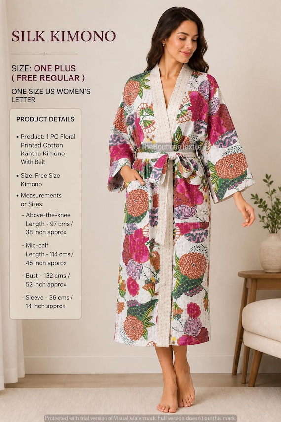 Cotton Kantha Kimono Bath Robe 100% Cotton Indian Kantha Stitch Fruit Print Robe, Long Jacket Unisex Robe, Handmade Indian Cotton Kimono
