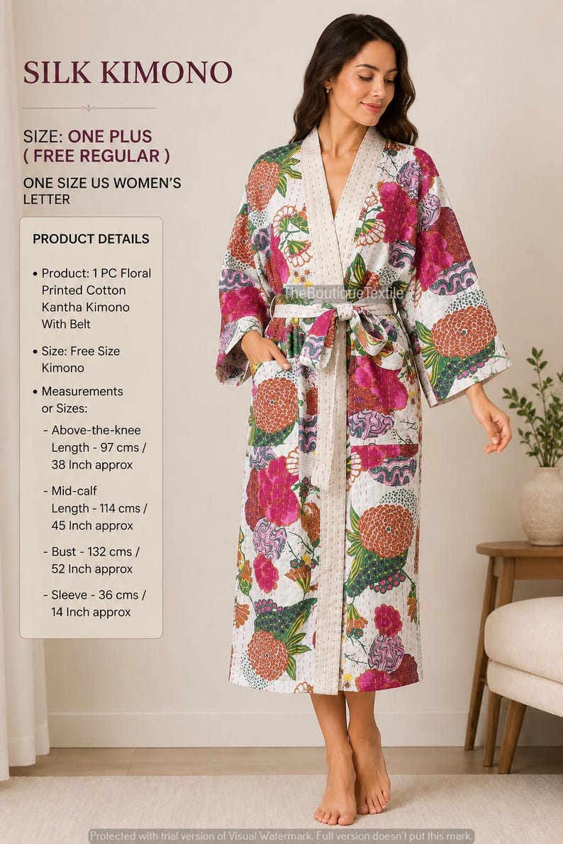 Cotton Kantha Kimono Bath Robe 100% Cotton Indian Kantha Stitch Fruit Print Robe, Long Jacket Unisex Robe, Handmade Indian Cotton Kimono image 1