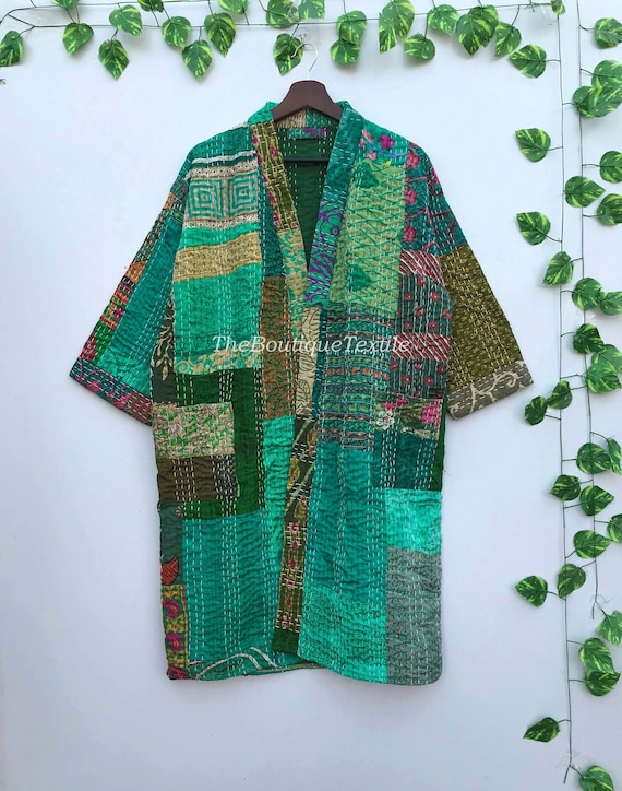 Handmade Green Patchwork Silk Kantha Robe: Quilted Kimono Jacket