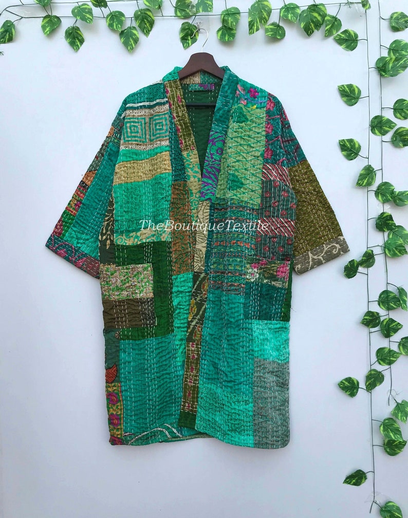 Handmade Green Patchwork Silk Kantha Robe: Quilted Kimono Jacket image 1