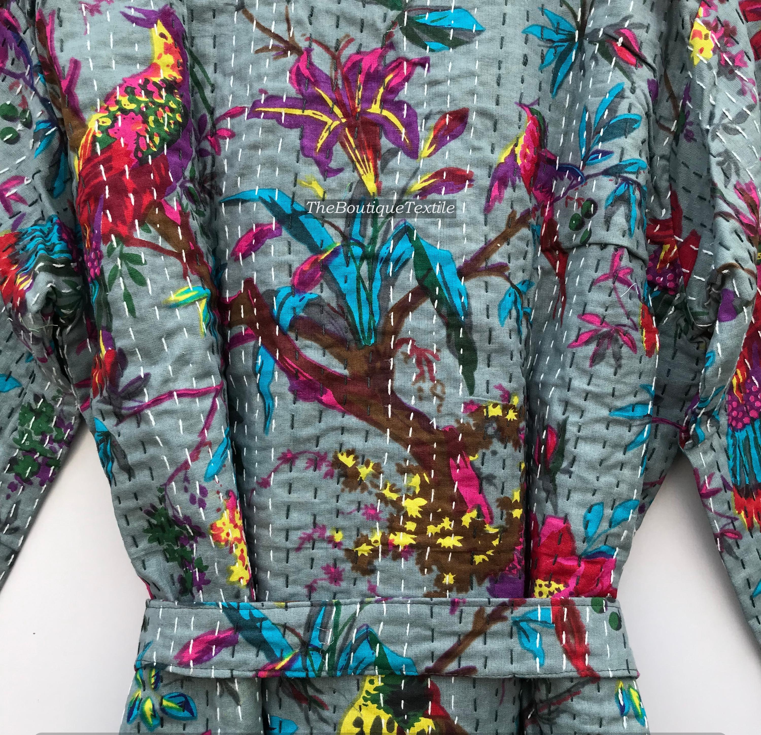 花柄コットンカンタ着物ローブ：ハンドブロックプリントジャケット