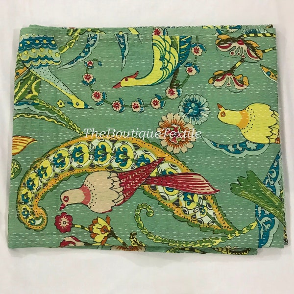Couette kantha faite main à imprimé oiseaux en coton Jaipur, jeté de couvre-lit, couverture en coton, couvre-lit Gudari Queen et 1 place