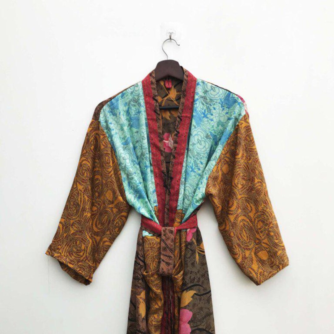 Upcycled Old Robe Upcycled Silk Saree Kimono Bathrobe, Silk Patchwork Robe, Bohemian Robe ...