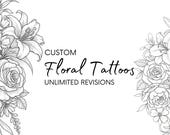 Custom Floral Tattoo Design | Personalized Botanical Tattoo Commission | Fine Line Sleeve & Forearm Tattoo Stencil | Tattoo Flash