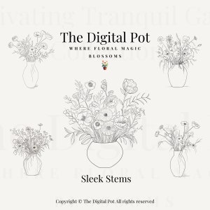 Vaso floreale Svg Simple Line Art / Vaso di fiori minimalista Svg Line Drawing / Stile di disegno Matisse / Steli eleganti