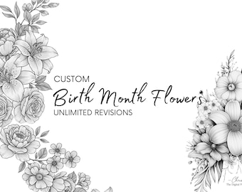 Aangepaste geboortebloem tattoo-ontwerp | Geboortemaand bloemen lijntekeningen SVG | Gepersonaliseerde Botanische Tattoo Commissie | Tattooflits | Wilde bloemen