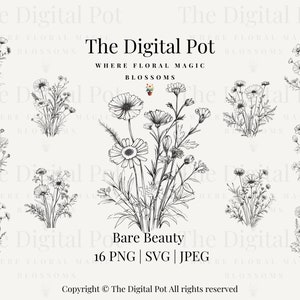 Minimalist Wildflower Tattoo Design | Floral Bouquet SVG Bundle | Fine Line Art Flowers | Botanical Outline for Laser | Cricut Ready