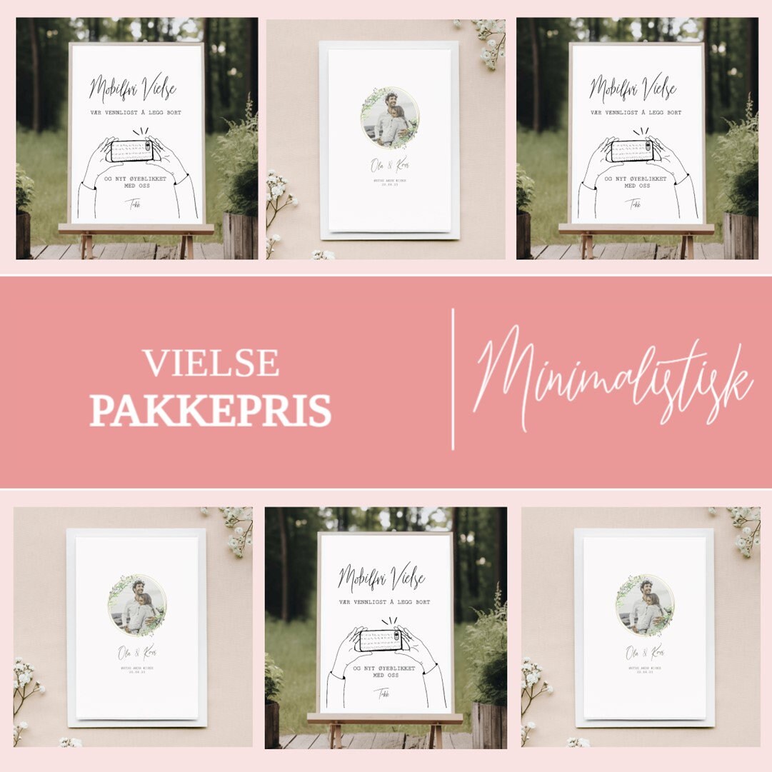 VIELSE BRYLLUPSPAKKE - Pakkepris, Samlepakke, Bundle, Designmal, trykksaker, budsjettvennlig, bryllup, norsk, tilpass, print selv, diy
