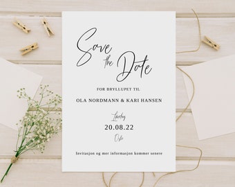 SAVE THE DATE - Bryllup, Designmal, trykksaker, personlig, diy, budsjettvennlig, bryllup, minimalistisk, norsk, tilpass, print selv, elegant
