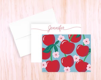 Personalized Cherries Notecards | Cherry Blossom Stationery