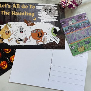 Lasst uns alle zur eindringlichen Hippie-Retro-Charakter-Halloween-Postkarte gehen