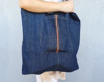 Washed Denim Tote Bag: Handmade Large Capacity Shoulder Bag