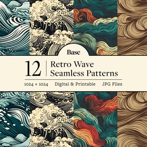 May include: A set of 12 digital retro wave seamless patterns featuring blue, green, black, brown, orange, and yellow waves. The patterns are 1024 x 1024 pixels and are available as JPG files. Base Retro Wave Seamless Patterns.