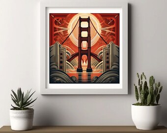 Golden Gate Bridgel Art Deco Style Digital Download Wall Art (Aspect Ratio Square 1:1)