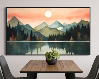 Forest mountain lake landscape in oriental minimalist style printable wall art and TV screen saver. (aspect ratio 16:9)