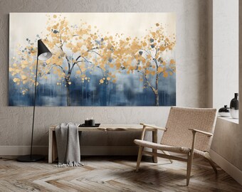 Gold and Blue trees abstract art (aspect ratio 16:9) printable wall art and TV screen saver