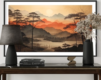 Woodland and mountains Japanese landscape printable wall art and TV screen saver. (aspect ratio 16:9)