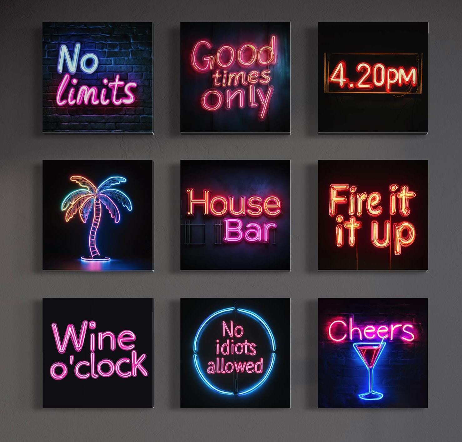 NEON Digital Wall Art Bundle | 50 Fun Sayings, Quotes, images | Printable for Man Caves, Bars, Party Rooms