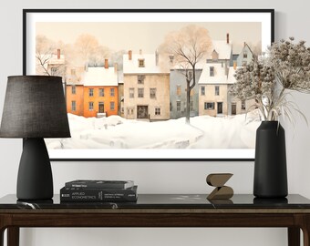 Snowy houses. Printable wall art and TV screen saver. (aspect ratio 16:9)