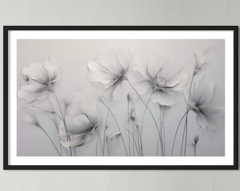 Minimalist white flower drawing. Printable wall art and TV screen saver. (aspect ratio 16:9)