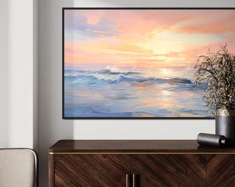 Seascape pastel colours oil painting printable wall art and TV screen saver. (aspect ratio 16:9)