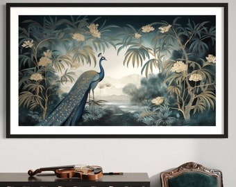 Peacock jungle water mountain scene. Printable wall art and TV screen saver. (aspect ratio 16:9)