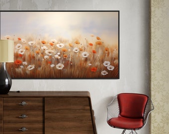 Brushstroke Rural Landscape flower field, Red poppies white flowers printable wall art. Aspect Ratio: 16/9