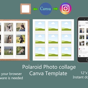 May include: A digital template for creating a Polaroid photo collage on Canva. The template features nine Polaroid-style frames arranged in a 3x3 grid. The template is 12 inches by 12 inches and can be downloaded instantly.